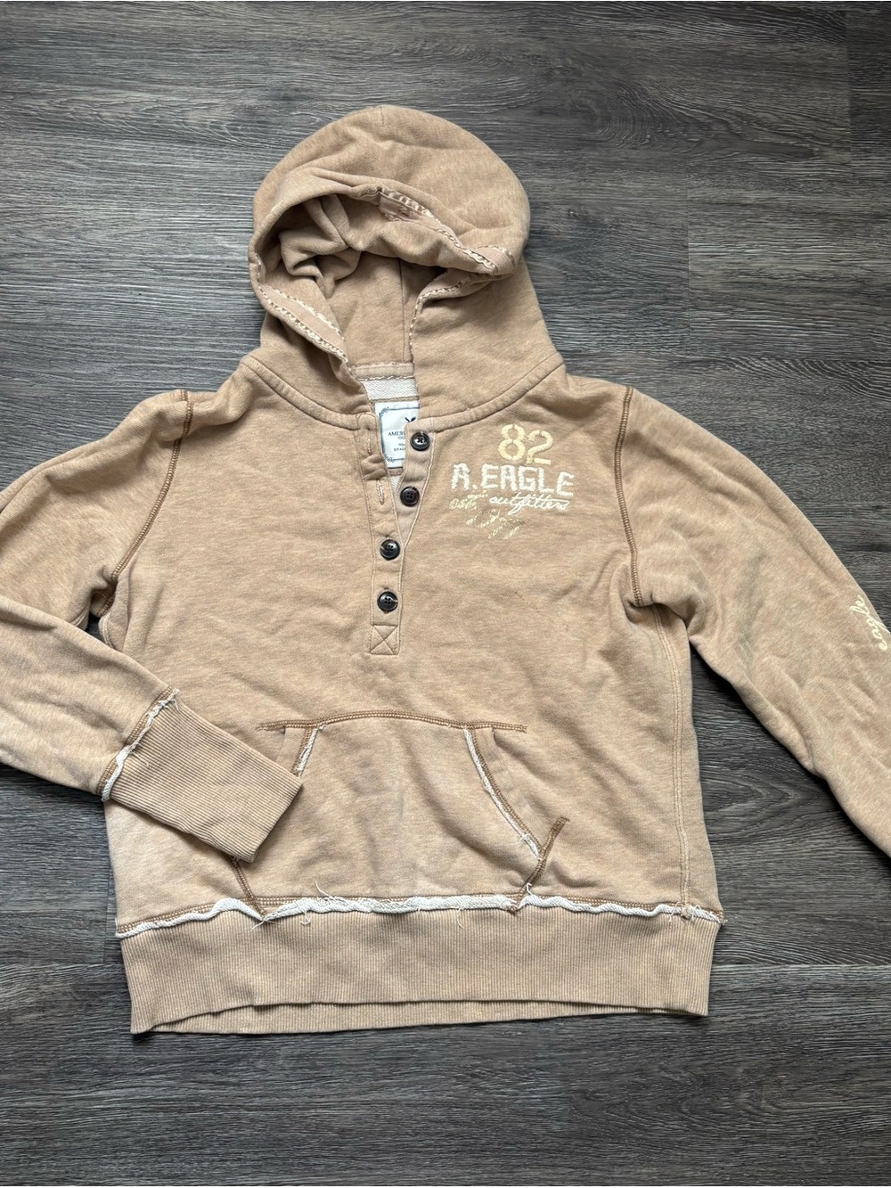 American Eagle Outfitters Tan Hooded Henley Sweatshirt